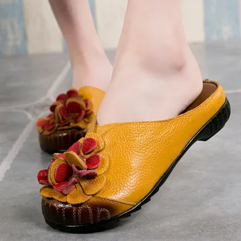

Ethnic Style Summer Shoes Women Slides Flat Heels Flower Cover Toes Genuine Leather Women Slippers