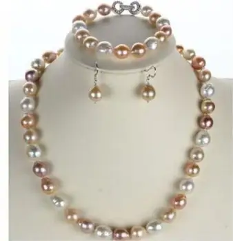 

free shipping luxury Noble jewelry set of 9-10mm south sea round multicolor pearl necklace bracelet &earring 925s