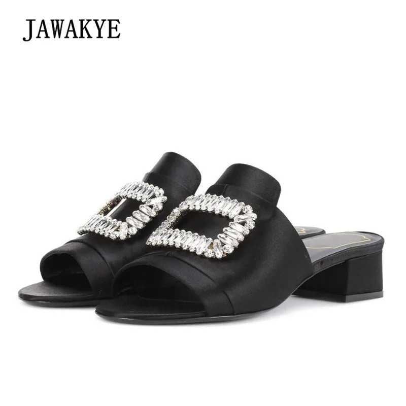 

2018 Rhinestone Diamond Buckle Luxury Satin Slippers Woman Open Toe Chunky High Heels Women Gladiator Sandals