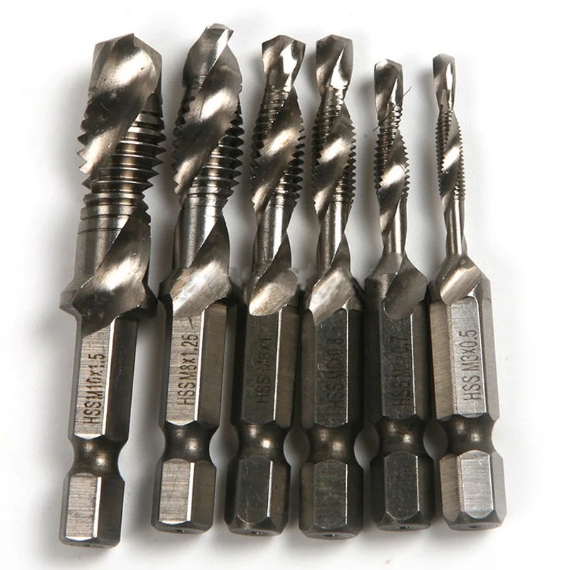 DWZ Silver  6pcs  M3-M10 1/4'' Hex Shank HSS Metric Screw Thread Taper Drill Cone Bits Set