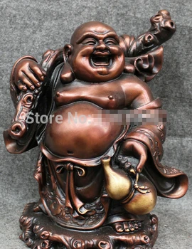 

Fast shipping 11" Chinese Pure Bronze Gourd Standing Happy Maitreya Buddha Statue Money Bag