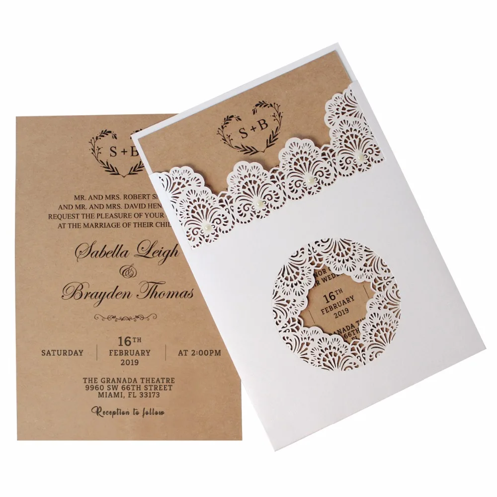  Rustic Wedding Invitations Customized Invitation Card Creative Wedding Invite With Pearl - Set of 5 - 33001243219