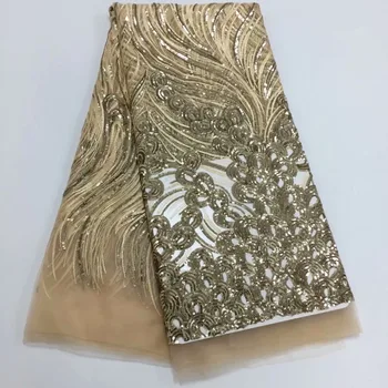 

NEW High Quality 2019 Tulle sequins Beaded French Nigerian Lace Fabrics Pearls Embroidered Guipure African 3d Lace Fabric gold