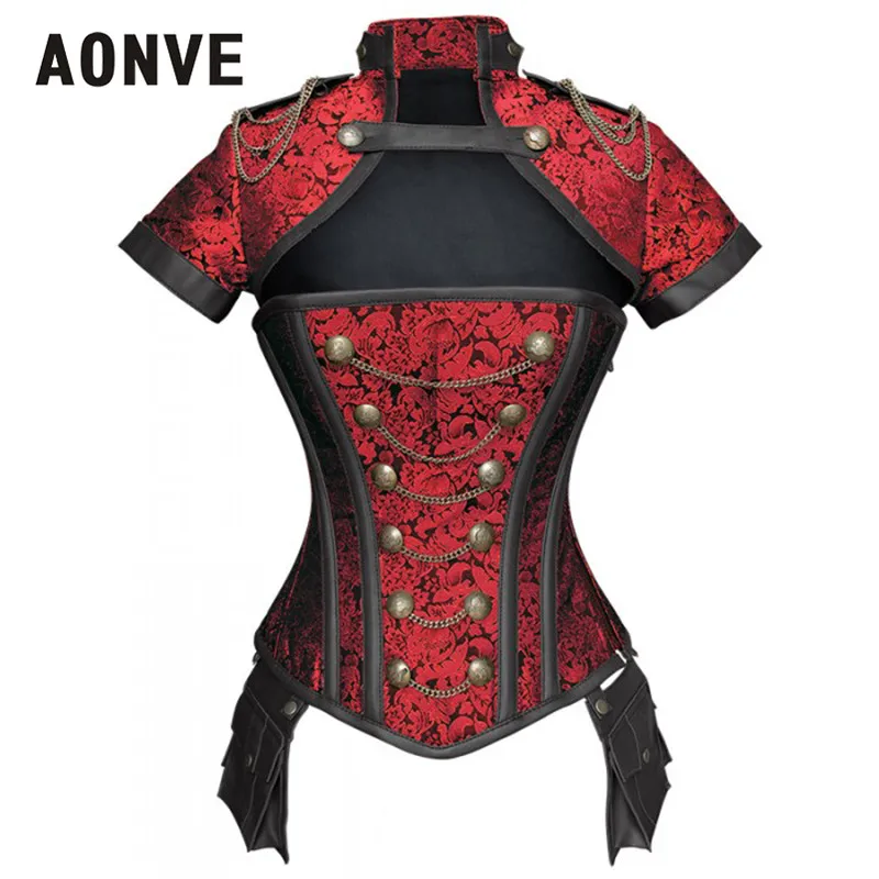 

AONVE Black Red Steampunk Sexy Vintage Corset Women Burlesque Gothic Clothing Retro Bodice Punk Goth Lace Up Bustiers Set Zipper