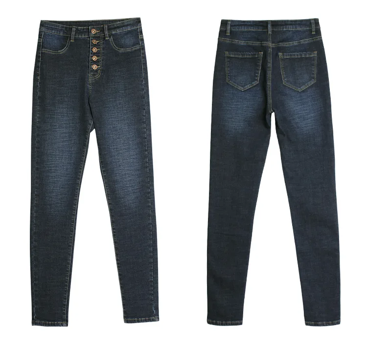 Зимние толстые Высокая талия джинсы женская одежда мода Push Up Винтаж узкие брюки Mujer high Street облегающие брюки Кнопка джинсы