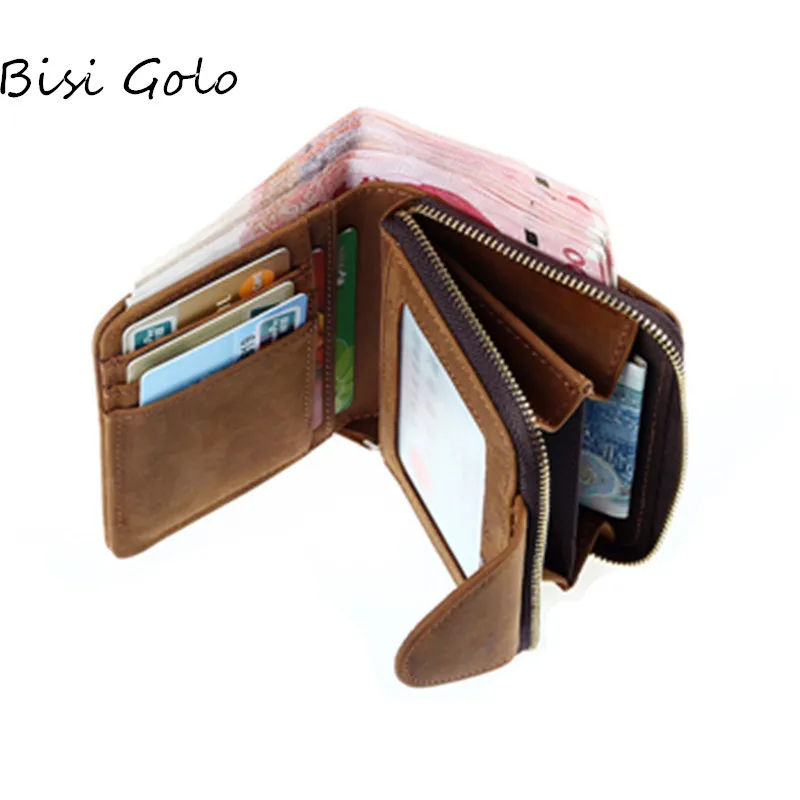 

BISI GORO Retro Crazy Horse Leather Men Leather Short Wallet Men Zipper Purse Handbag Business Cards Holders Vintage Card