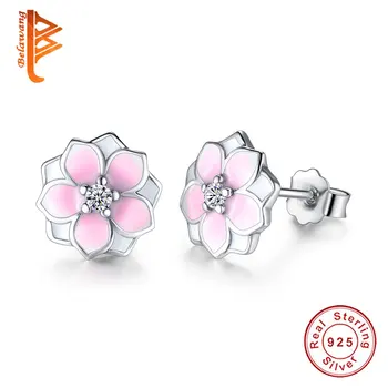 

Fashion Magnolia Bloom Stud Earrings Solid 925 Sterling Silver Pale Cerise Enamel & Pink CZ Flowers Earrings for Women Jewelry