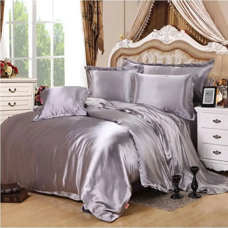 silver grey satin silk bedding set home textile 4 6pcs solid color silk bed sheet set
