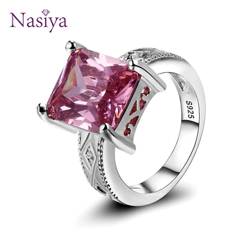 

925 Silver Jewelry Cubic Zirconia Rectangle Pink Cushion Stone Rings Geometric Ring for Women Bridesmaid Wedding Party Gift