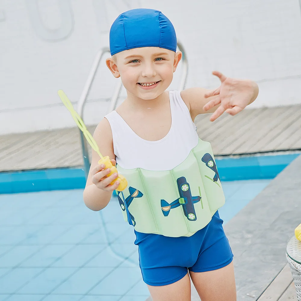 Kid Little Boy Funny Dinosaur Two Pieces Swimsuit Set with Swimming Cap