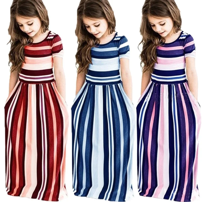 

2019 Girls Long Dress Summer Baby Girl Party Bohemia Maxi Striped Dress Children's Casual Beach Wear Dress 2-10 yrs Kid Clothing