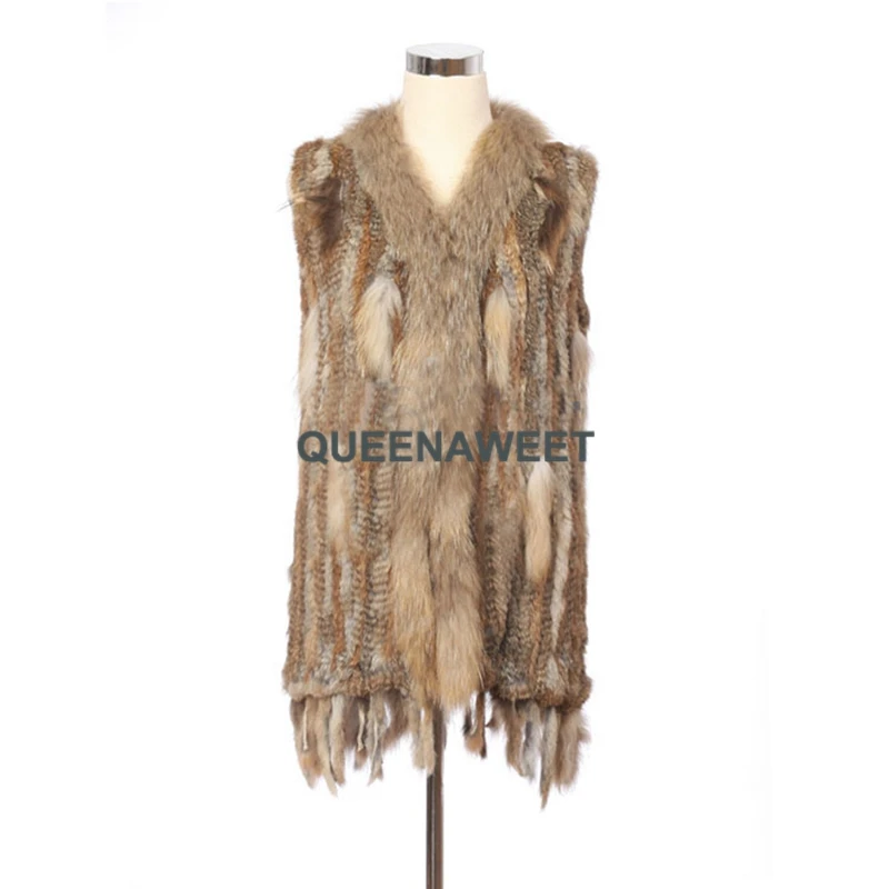 Real Rabbit Fur Long Vest With Raccoon Fur Collar And Tassles Knit Gilet Jacket Women Coat Winter