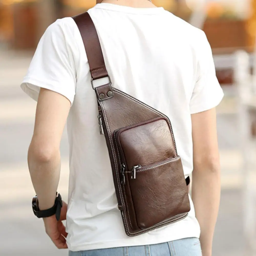 

Men's Fashion PU Leather Vintage Chest Bag Travel  Riding Irregular Triangle Messenger Shoulder Bag Casual Bag