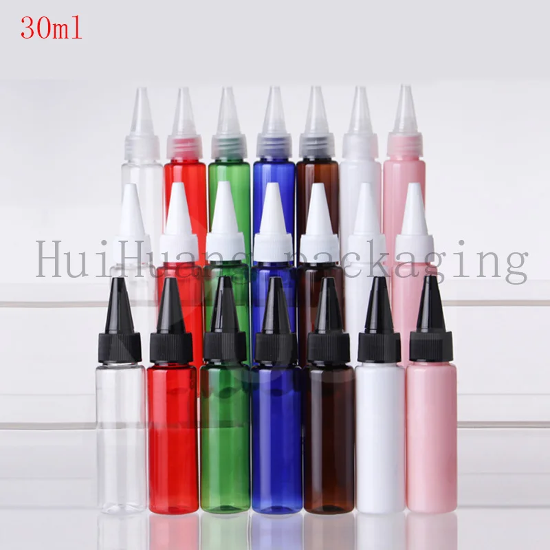 

30ml empty white plastic bottle,Pet bottle with 7Colors Twist Top Caps,pointed mouth top cap 100Pcs/Lot