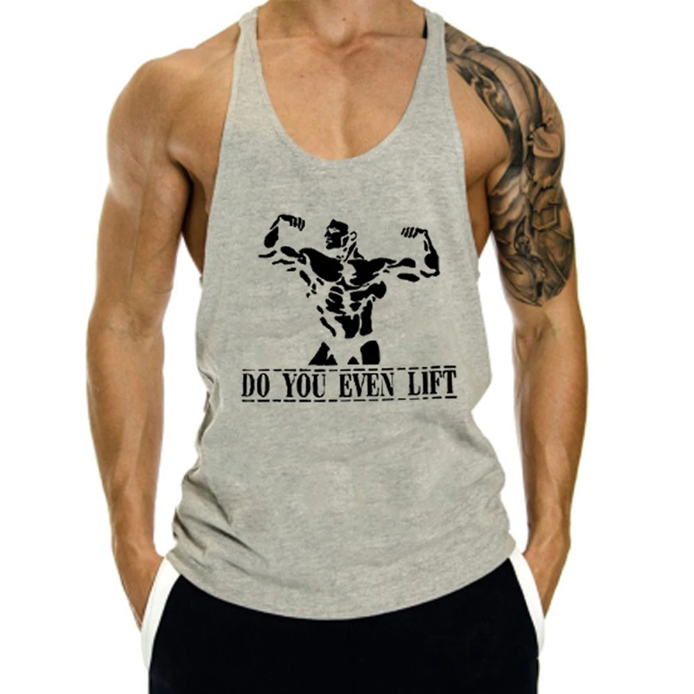 Men Plunging Round Neck Print Sports Tank Top