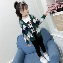 Свитер для девочек, вязаный кардиган, новинка года, корейская детская одежда с длинными рукавами на осень и осень