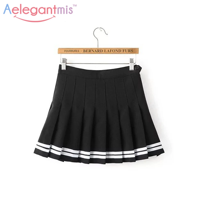 Aelegantmis, милая плиссированная юбка, для женщин, элегантный дизайн, мини юбка с высокой талией, для девочек, винтажная, черная, белая, милая, школьная форма, юбки - Цвет: Black
