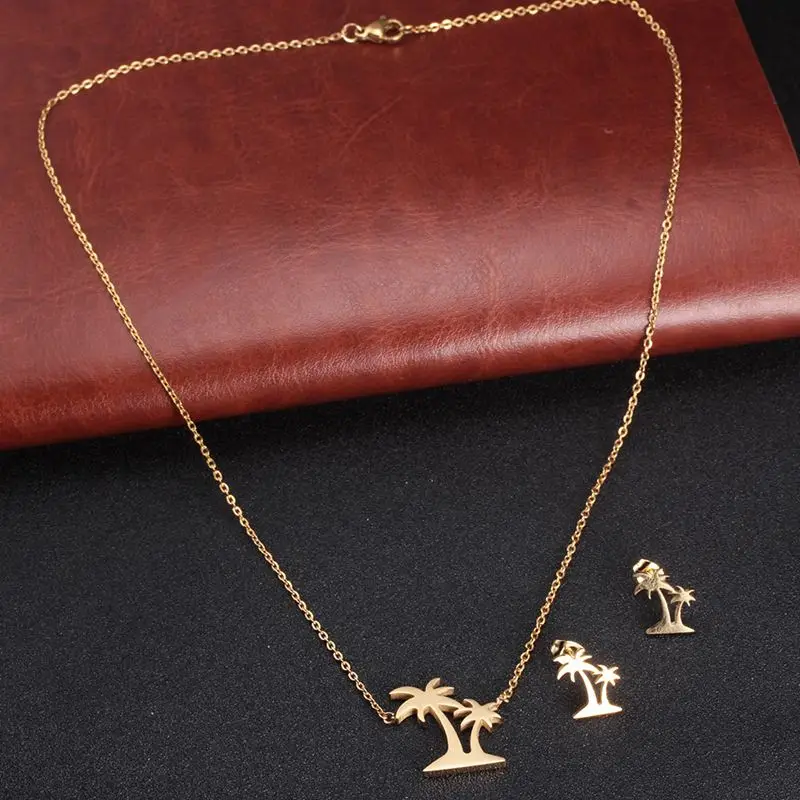 

Bohemia Gold Color Jewelry Sets Stainless Steel Tree Pendant Necklace Earrings for Women Party Vacation Lovely Jewelry