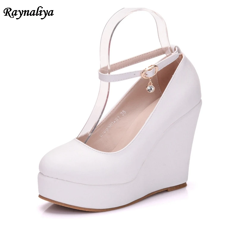 

Handmade Women Wedges High Heels Ladies Pumps Round Toe Fashion Casual Working Shoes Black White Female Mujer Shoes XY-A0071