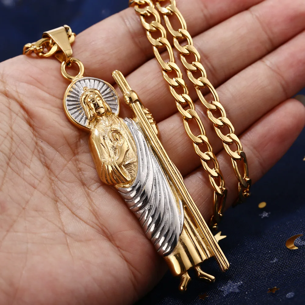 

81MM Stainless Steel Jude Thaddeus Pray For Us Religious Charm Necklace Cross Jesus Crucifix Bible Prayer Christian