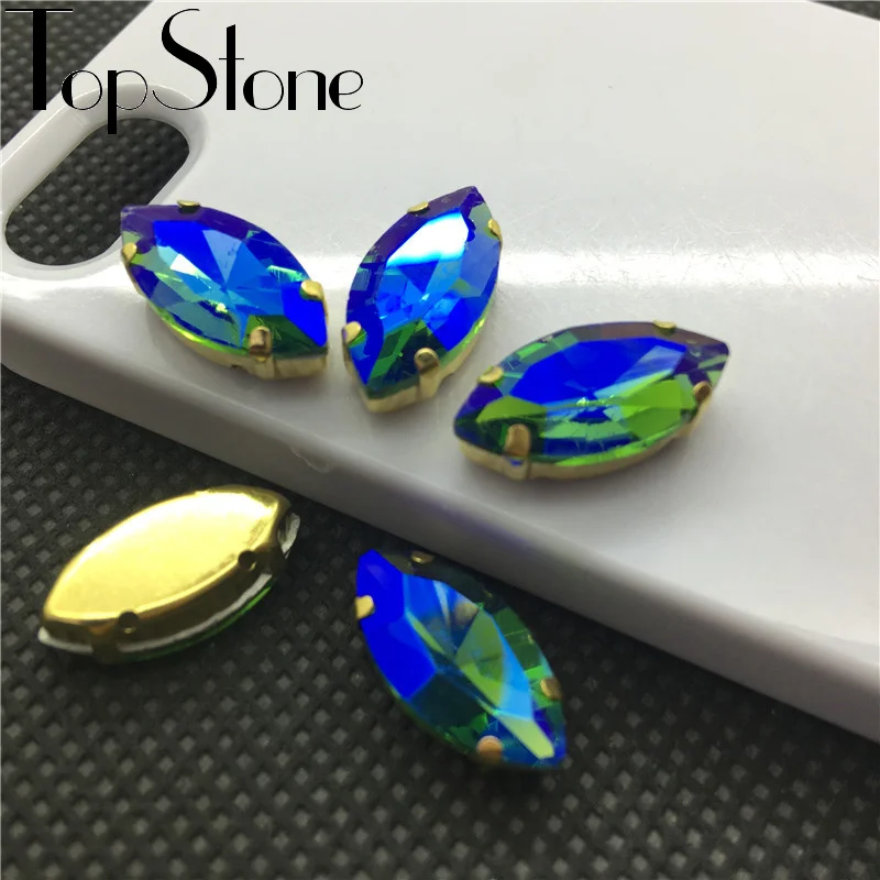 TopStone Colors AB Horse Eye пришивает стеклянный кристалл Navette Fancy Stone с золотой коготь для