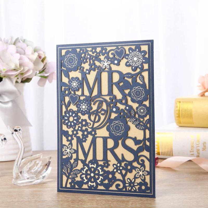 50pcs White Gold Blue Laser Cut Wedding Invitations Card MR&MRS Elegant Greeting Cards Envelopes Wedding Party Favors Decoration