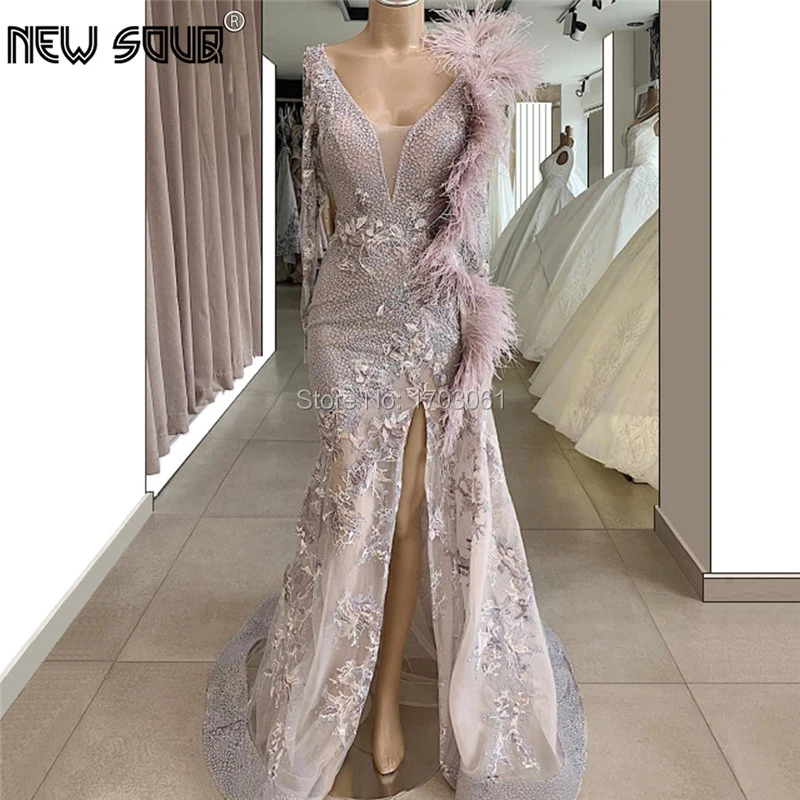 

Feather Beading Split Side Evening Dresses Handmade 2019 New Robe De Soiree Saudi Arabic Prom Party Gown Islamic Aibye Formal