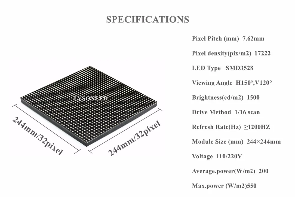 LYSON светодиодный P7.62 Крытый SMD 32x32 Пиксели светодиодный дисплей RGB модуль 244x244 мм 1/16 сканирования P7.62 Indoor SMD3528 RGB светодиодный дистанционное