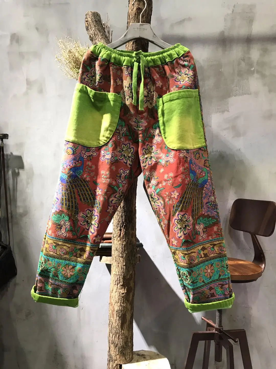 Женские брюки с эластичным поясом в стиле пэчворк, женские свободные брюки с цветочным принтом, женские брюки с цветочным принтом, Ретро стиль, весна - Цвет: Зеленый