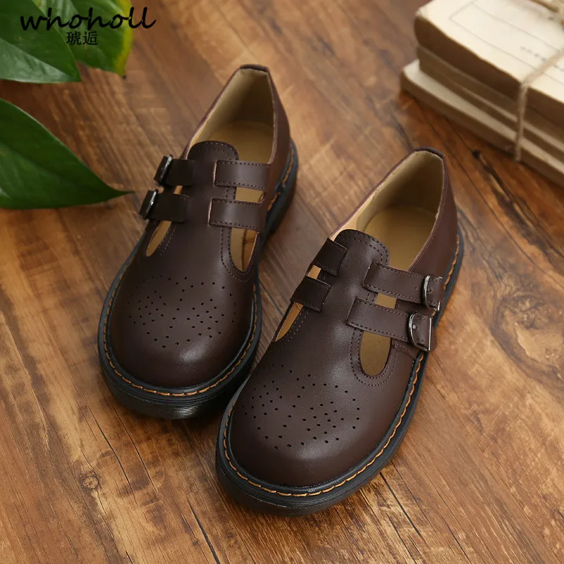 

WHOHOLL Preppy Women Flat Shoes Brogue Lolita maid Genuine leather Shoes for Women Platform casual Shoes Women Chaussure Femme