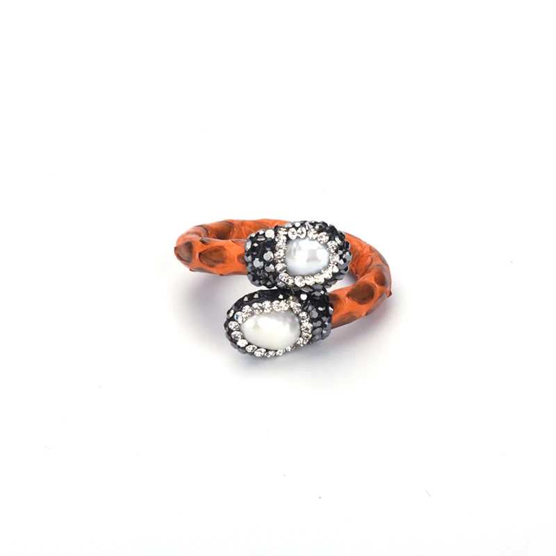 

Handmade Freshwater Pearl End Bead Charms Pave Rhinestone Orange Real Snake Leather Wrap Stackable Open Rings Cuff For Women
