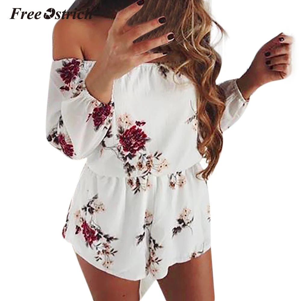 Free Ostrich Playsuits 2019 Casual Women Off Shoulder Belt Backless Sexy Rompers Print Floral Jumpsuit N30