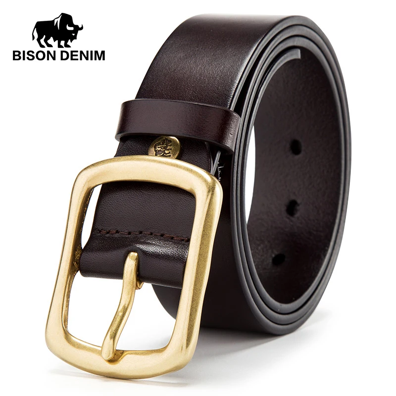 

BISON DENIM Men Belt High Quality Cow Genuine First Layer Cowskin Strap Fashion Luxury Copper Pin Buckle Male Belts For Jeans