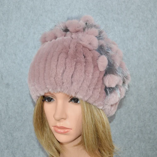 Новинка Россия женский Настоящий мех кролика Skullies шапки Роскошные вязаные цветы натуральный мех кролика рекс шапка зимние шапки из натурального меха - Цвет: color 4