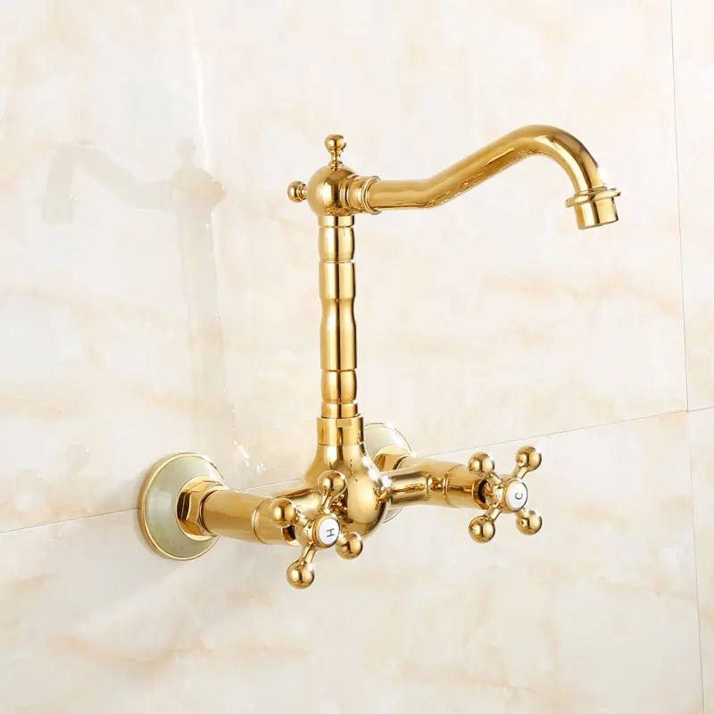 

Ou all copper natural jade enter wall type washing pool outdoor double orifice bibcock of cold hot water faucet golden