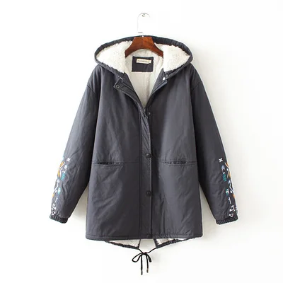 Зимняя Свободная Женская кашемировая куртка большого размера с вышивкой из овечьей шерсти, теплая хлопковая верхняя одежда с капюшоном, пальто средней длины, модная одежда 4XL - Цвет: Dark gray