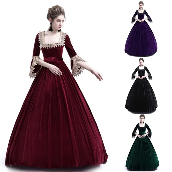 Medieval Square Collar Maxi Dress Women Vintage Velvet Theatrical Victorian Dress Slim Button Lace Renaissance Gown(Without the pannier)