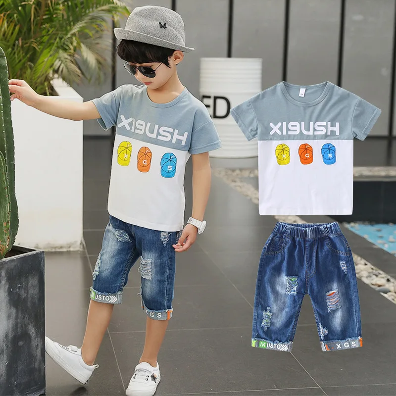 

Boys Set Children Sport Suit Boys Summer Clothes Boys T-shirt+Holes Jeans Shorts 2 Pieces Set Children Clothing PWY9