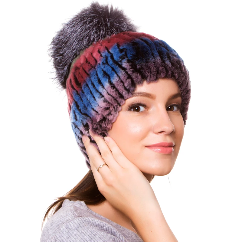 

Natural Rex Rabbit Fur Warm Real Fur Hat Winter Women's Hat New Hot Sale Discount Stripe Stitching Fox Fur Fashion High Quality