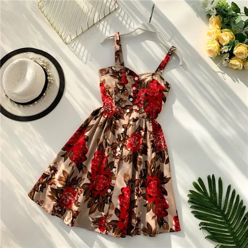 Богемное сексуальное винтажное летнее платье на пуговицах с цветочным принтом и тонкими бретельками, Короткие вечерние мини женские повседневные пляжные платья с высокой талией Vestidos - Цвет: apricot red floral