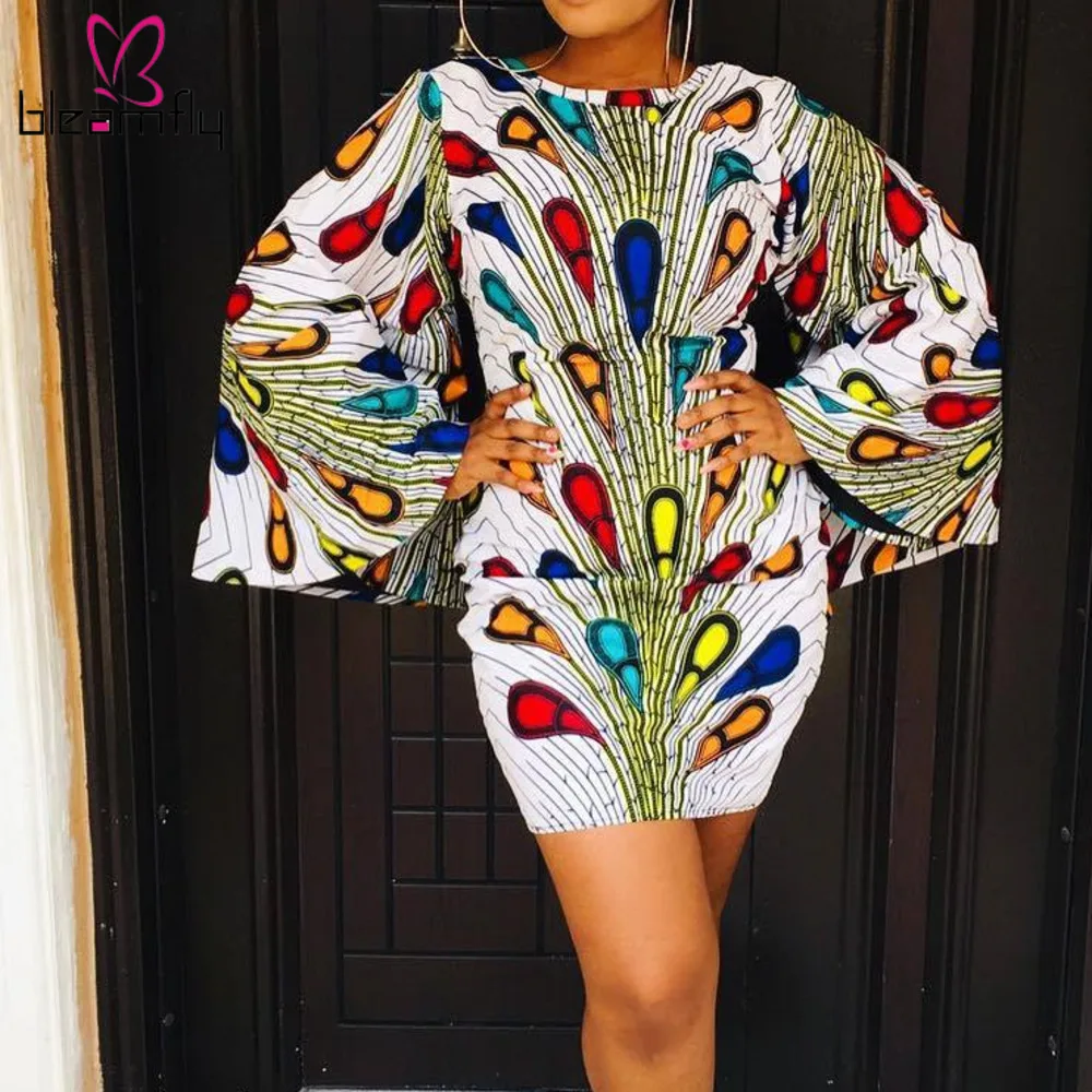 

Long Flare Sleeve Dress Floral Print Party Robe O-neck Bodycon Mini Dresses 2019 Summer Dresses Woman Party Night Club Vestido