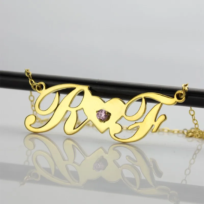 

Custom Two Letters Necklace Personalized Initial Necklaces Gold Nameplate with Heart Stone Name Chain for Lover Couple Women