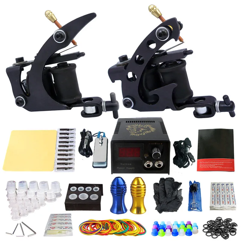 

2017 Pro Complete Tattoo Machine Kit Set 2Pcs Coil Tattoo Machine Gun Power Supply Needles Grips Tips Footswitch For Body Art