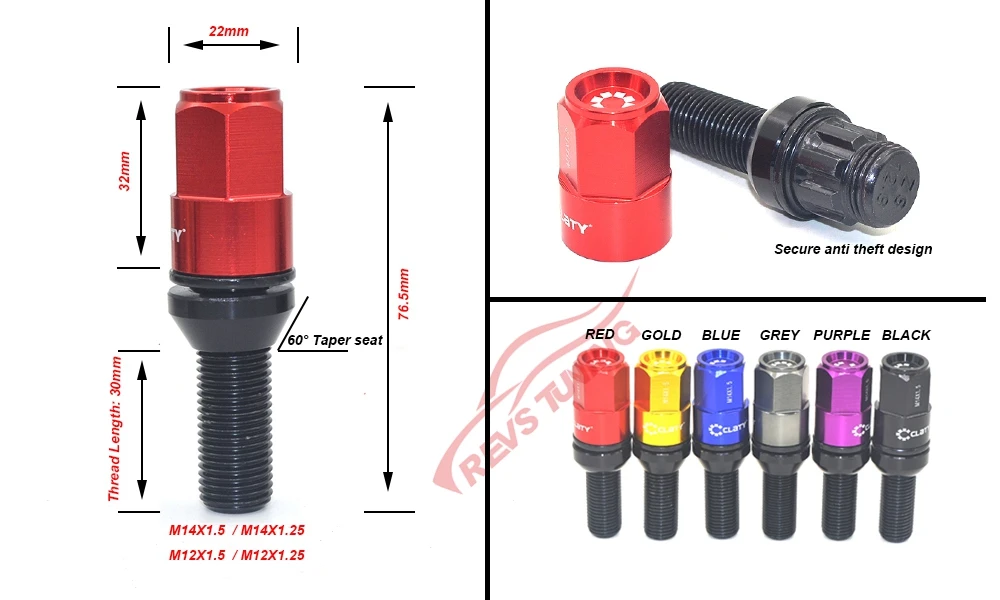 M14x1.5, M14x1.25, M12x1.5, M12x1.25, цвет, конусное сиденье, сталь, безопасные болты для автомобильных колес, запорный замок, колесные гайки для BMW, VW, BENZ