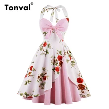 Tonval Floral rosa en capas Halter vestido de fiesta de las mujeres 1950S Vintage corbata V cuello vestidos Sexy flor imprimir vestido sin espalda
