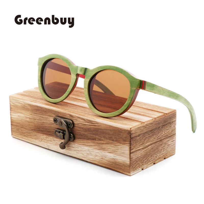 green skateboard wood sunglasses  women Spring hinge sunglasses wood bamboo UV400 Retro sunglasses oculos de sol feminino