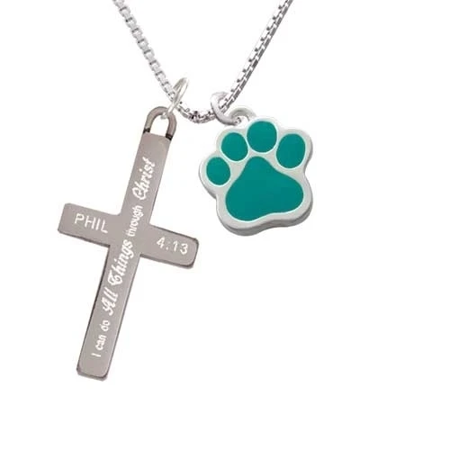 Large Teal Paw - I Can Do All Things - Cross Necklace (1)