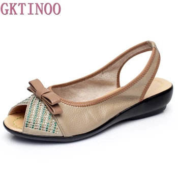 

New 2020 summer shoes women genuine leather Rhinestone wedges shoes sandal Peep Toe women's sandals Plus size(35-43)