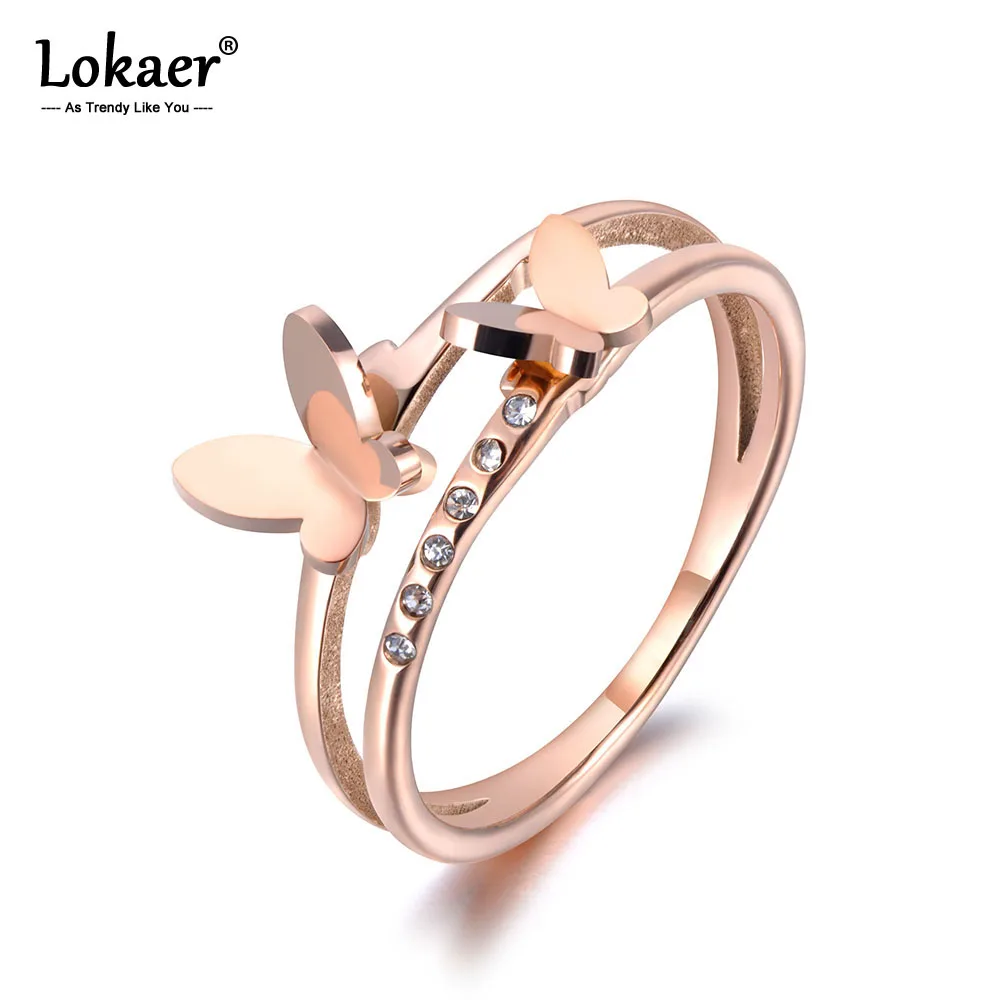 

Lokaer OL Design Stainless Steel Double Butterfly Ring Rose Gold Micro Pave CZ Crystal Anniversary Rings For Women Girls R19020