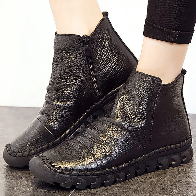 

Ankle boots 2019 plush genuine leather boots women shoes winter rubber zip wedges pleated cow leather size 4-7.5 female boots